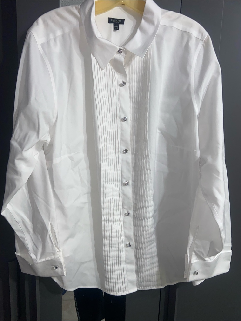 Talbots White Pleated Front Dress Shirt with Crystal Buttons